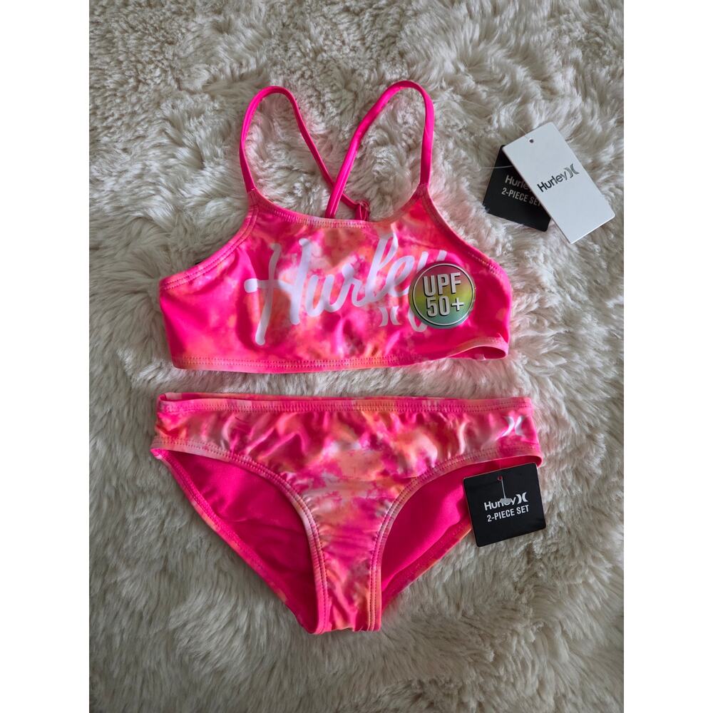 Hurley Neon Pink & Orange Tie-Dye 2 Piece Cross Back Bikini Girls size 6 NWT